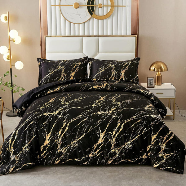 Black Gold Metallic Marble Comforter Set King Size Foil Print Glitter 3 Piece Bedding King Comforter Sets