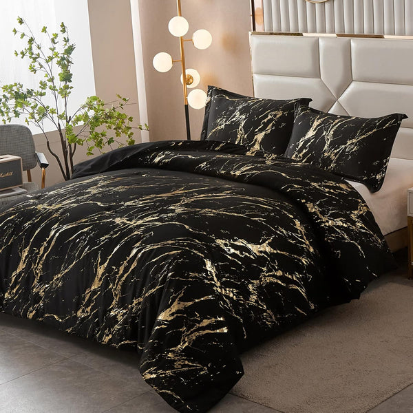 Black Gold Metallic Marble Comforter Set King Size Foil Print Glitter 3 Piece Bedding King Comforter Sets