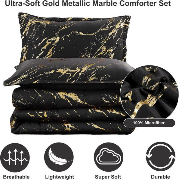 Black Gold Metallic Marble Comforter Set King Size Foil Print Glitter 3 Piece Bedding King Comforter Sets