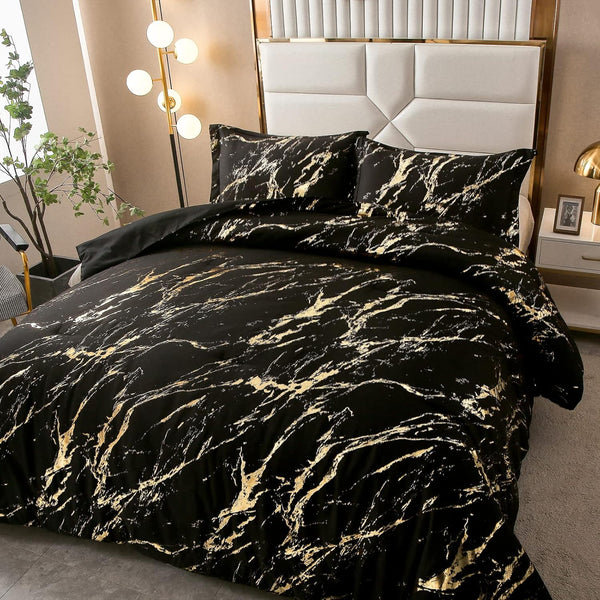 Black Gold Metallic Marble Comforter Set King Size Foil Print Glitter 3 Piece Bedding King Comforter Sets