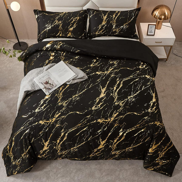Black Gold Metallic Marble Comforter Set King Size Foil Print Glitter 3 Piece Bedding King Comforter Sets