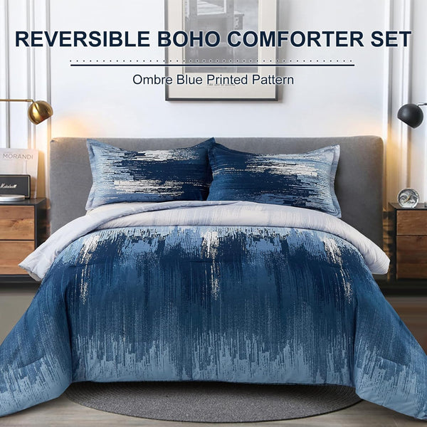King Size Ombre Blue Comforter Set 3 Piece Boho Bedding King Comforter Sets