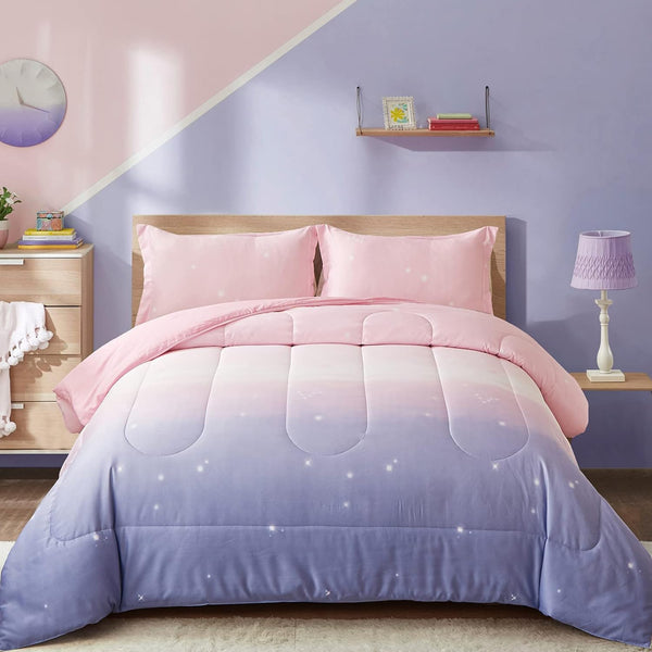 Girls King Size Comforter Set Pink Purple Rainbow 3 Piece Bedding King Comforter Sets