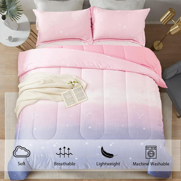 Girls King Size Comforter Set Pink Purple Rainbow 3 Piece Bedding King Comforter Sets