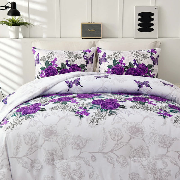 Luxe Loft Purple Rose Quilted Comforter & Shams Trending 3Piece Set Comforter Sets Queen