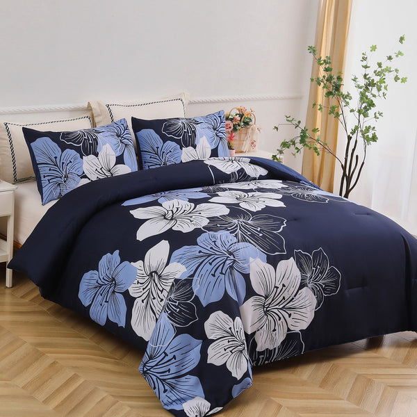 King Comforter Set, Navy Blue Floral 3 Piece Bedding, Soft Microfiber For All Seasons Comforter Sets Queen