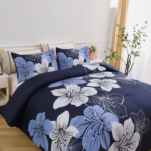 King Comforter Set, Navy Blue Floral 3 Piece Bedding, Soft Microfiber For All Seasons Comforter Sets Queen