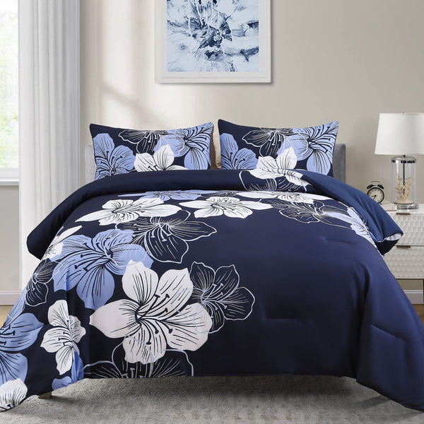 King Comforter Set, Navy Blue Floral 3 Piece Bedding, Soft Microfiber For All Seasons Comforter Sets Queen