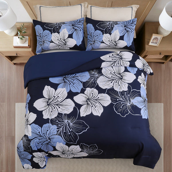 King Comforter Set, Navy Blue Floral 3 Piece Bedding, Soft Microfiber For All Seasons Comforter Sets Queen