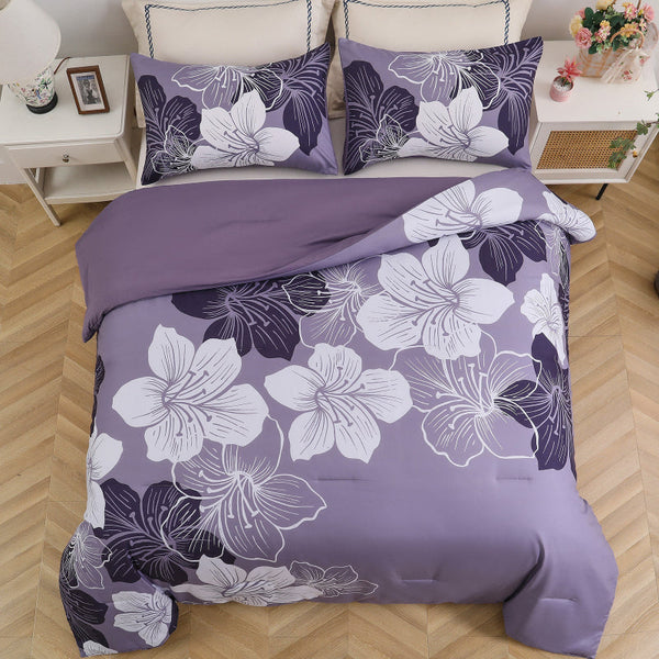 King Comforter Set Dark Purple Floral 3 Piece Bedding Soft Microfiber For All Seasons Comforter Sets Queen