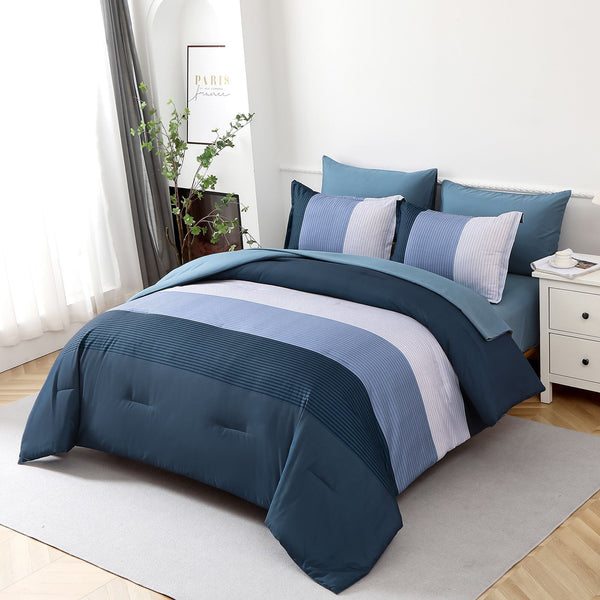 Navy Blue Comforter Set King Size Striped 3 Piece Bedding Collection King Comforter Sets