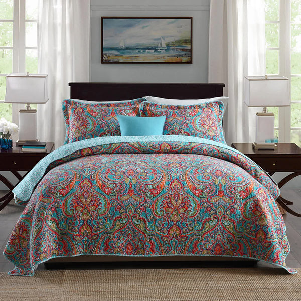 Blue Teal Boho Print Bedspread Quilt Set + Pillowcases Other Bedding