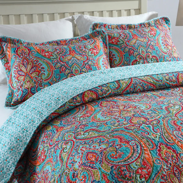 Blue Teal Boho Print Bedspread Quilt Set + Pillowcases Other Bedding