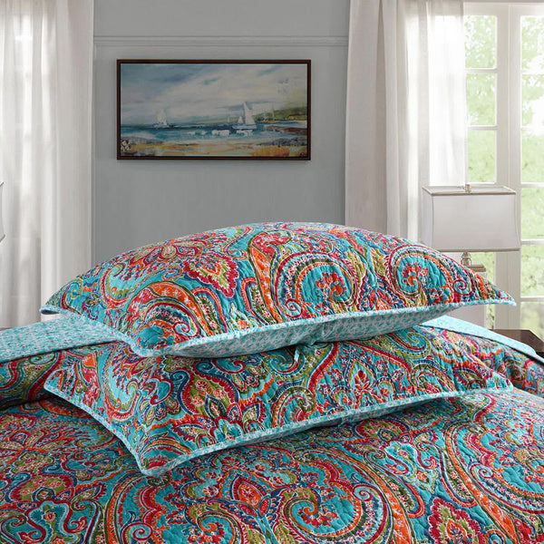 Blue Teal Boho Print Bedspread Quilt Set + Pillowcases Other Bedding