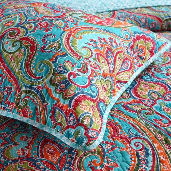 Blue Teal Boho Print Bedspread Quilt Set + Pillowcases Other Bedding