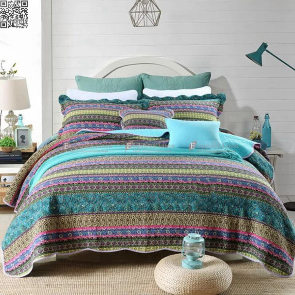 Grenn Teal Boho Style Printed Bedspread Quilt Set + Pillowcases Other Bedding