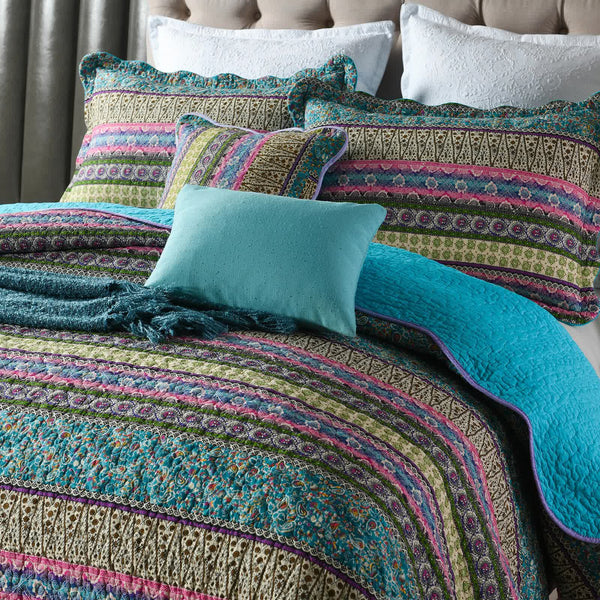 Grenn Teal Boho Style Printed Bedspread Quilt Set + Pillowcases Other Bedding