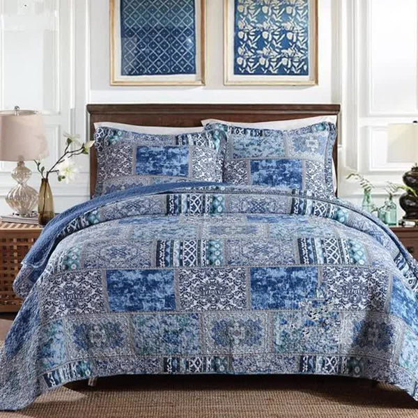 Boho Blue Quilted Coverlet & Pillow Set: Vibrant Cozy Elegance King King Doonas