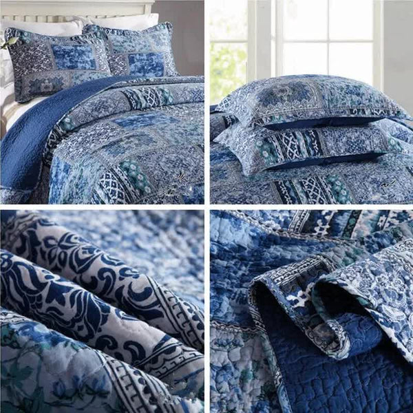 Boho Blue Quilted Coverlet & Pillow Set: Vibrant Cozy Elegance King King Doonas