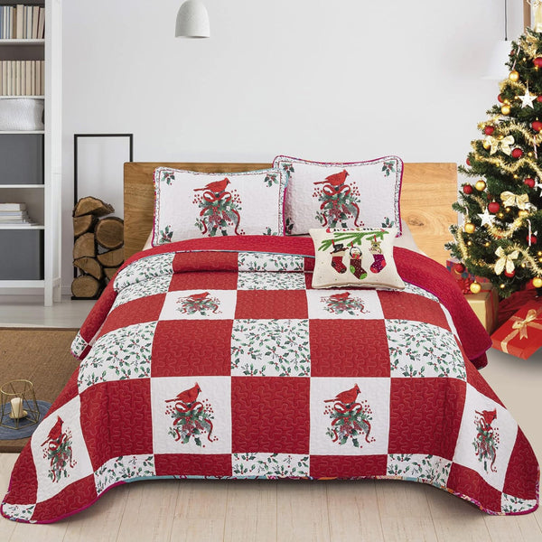 Elegant Red Greem & White Christmas Queen Bedspread Set Quilt Covers