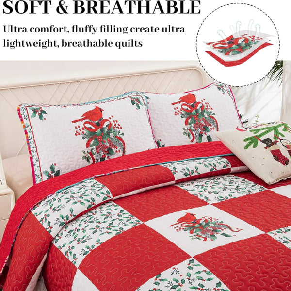Elegant Red Greem & White Christmas Queen Bedspread Set Quilt Covers