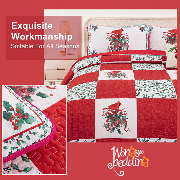 Elegant Red Greem & White Christmas Queen Bedspread Set Quilt Covers