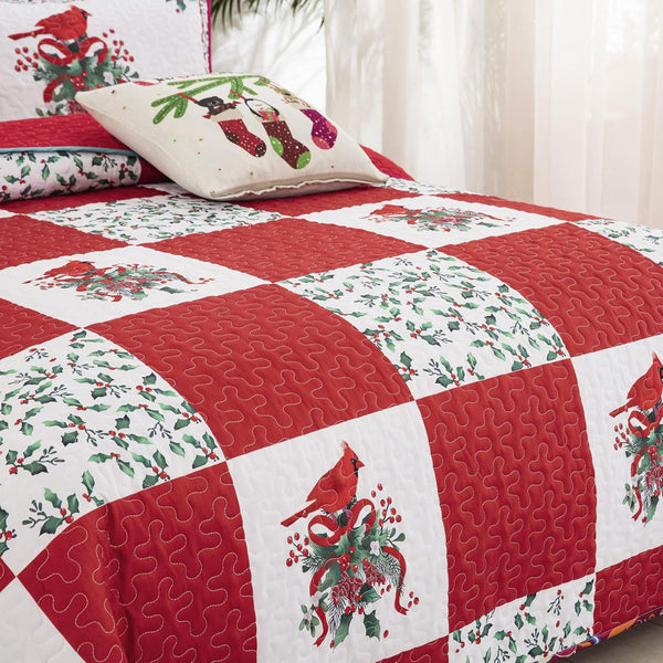 Elegant Red Greem & White Christmas Queen Bedspread Set Quilt Covers