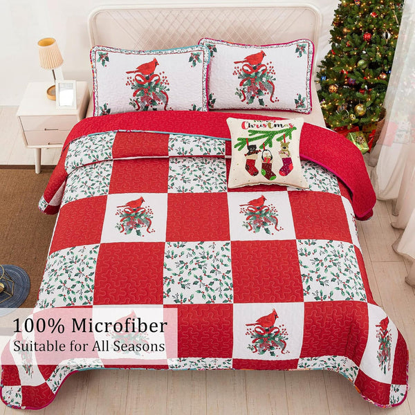 Elegant Red Greem & White Christmas Queen Bedspread Set Quilt Covers
