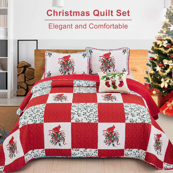 Elegant Red Greem & White Christmas Queen Bedspread Set Quilt Covers