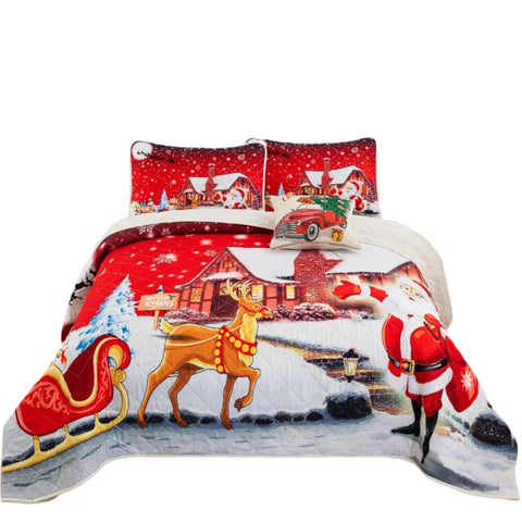 Styleforhome Holiday Cheer Christmas Queen Bedspread Set Quilt Covers