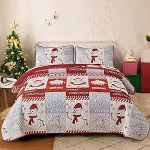 Styleforhome Winter Wonderland Snowman Santa Christmas Queen Bedspread Set Quilt Covers