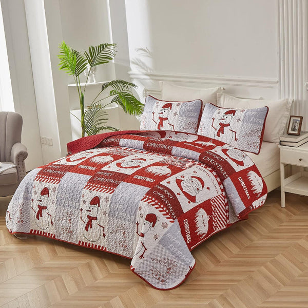 Styleforhome Winter Wonderland Snowman Santa Christmas Queen Bedspread Set Quilt Covers