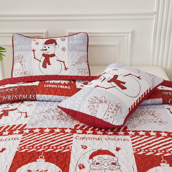 Styleforhome Winter Wonderland Snowman Santa Christmas Queen Bedspread Set Quilt Covers
