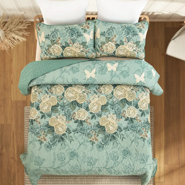 Meadow Butterfly Green Quilted Bedspread Set With Floral Details And Pillowcases Queen Size Other Bedding