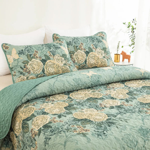 Meadow Butterfly Green Quilted Bedspread Set With Floral Details And Pillowcases Queen Size Other Bedding