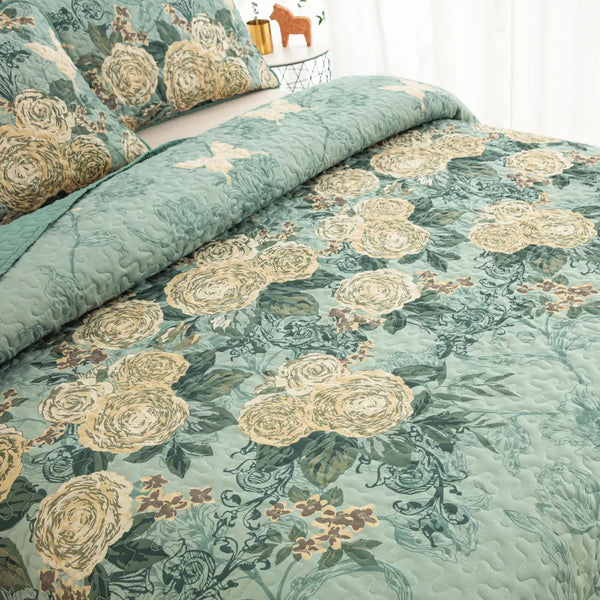Meadow Butterfly Green Quilted Bedspread Set With Floral Details And Pillowcases Queen Size Other Bedding