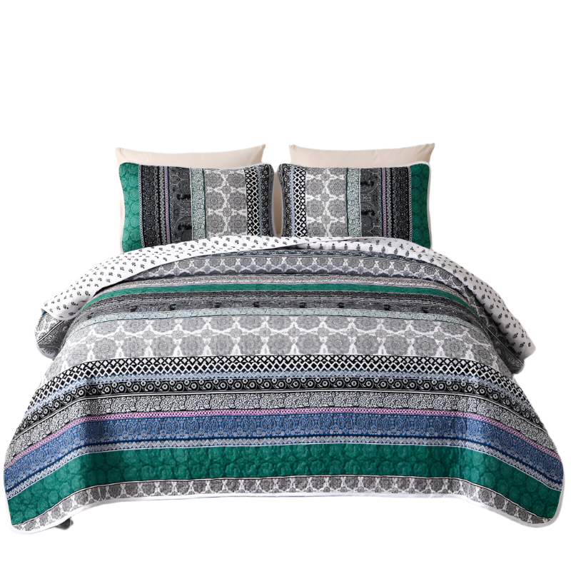 Romantic Blush Green Grey 3 Pc Bedspread & Pillow Cover Set Quilt Covers