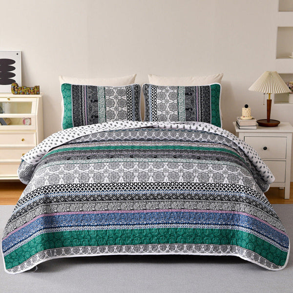 Romantic Blush Green Grey 3 Pc Bedspread & Pillow Cover Set Quilt Covers