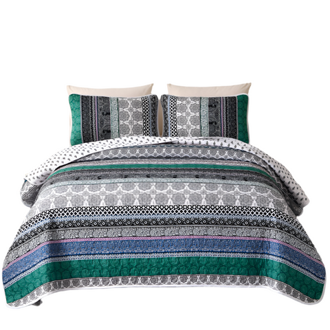 Romantic Blush Green Grey 3 Pc Bedspread & Pillow Cover Set Quilt Covers