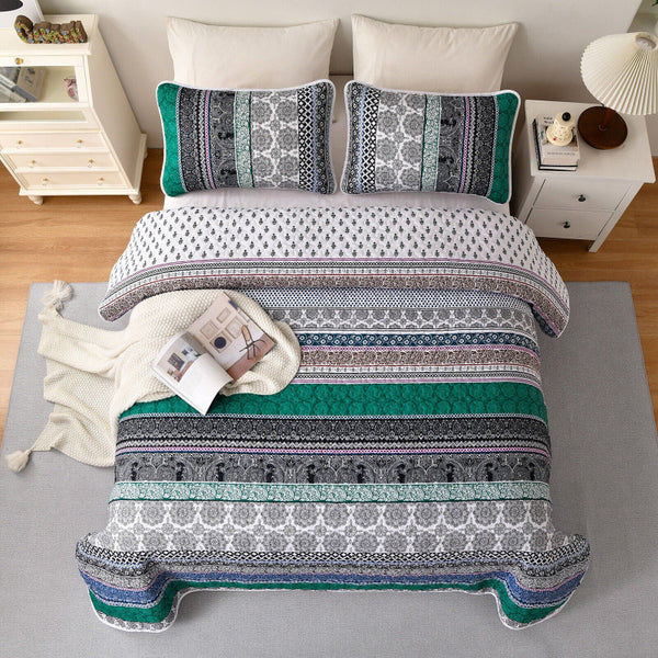 Romantic Blush Green Grey 3 Pc Bedspread & Pillow Cover Set Quilt Covers