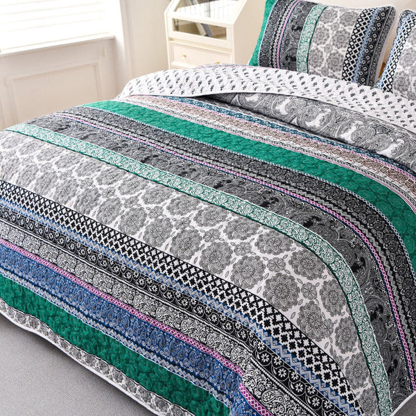 Romantic Blush Green Grey 3 Pc Bedspread & Pillow Cover Set Quilt Covers