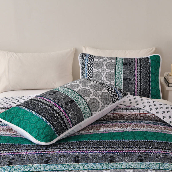 Romantic Blush Green Grey 3 Pc Bedspread & Pillow Cover Set Quilt Covers