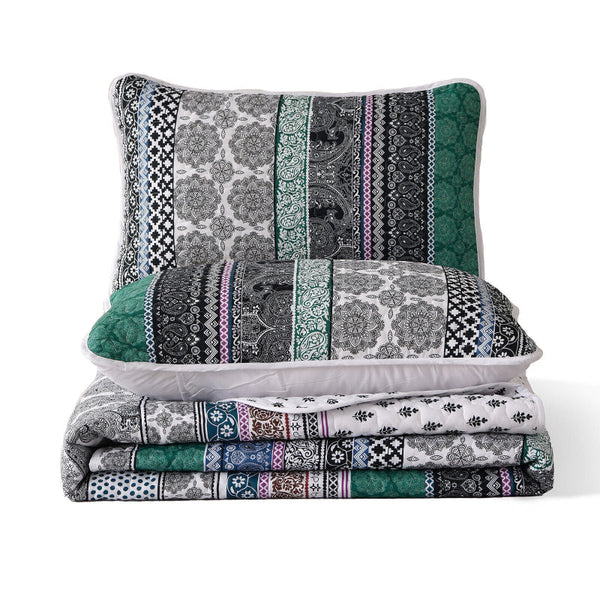 Romantic Blush Green Grey 3 Pc Bedspread & Pillow Cover Set Quilt Covers