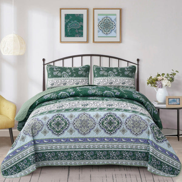 Breezy Green Cozy 3 Pc Bedspread & Pillow Cover Set Quilt Covers