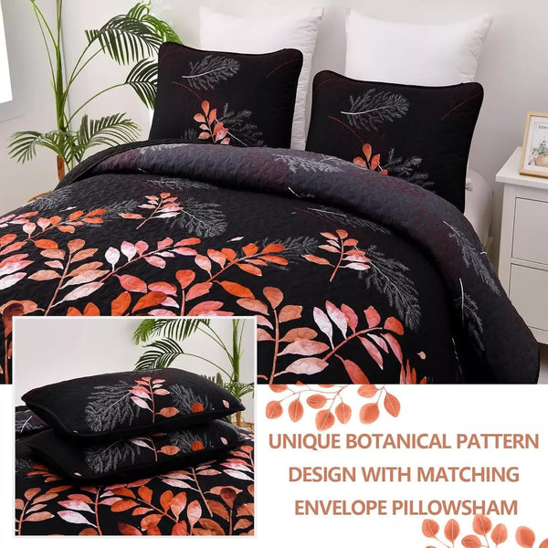 Black And Red Leaves Quilted Bedspread & Pillowcase Set Other Bedding
