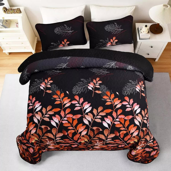 Black And Red Leaves Quilted Bedspread & Pillowcase Set Other Bedding