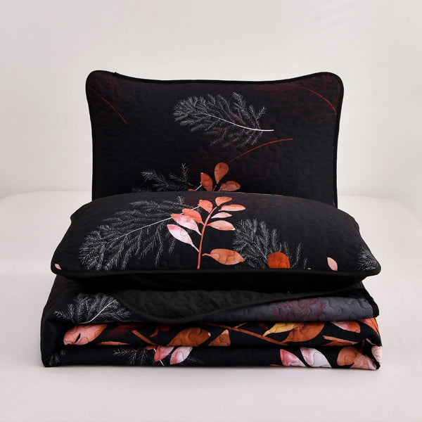 Black And Red Leaves Quilted Bedspread & Pillowcase Set Other Bedding