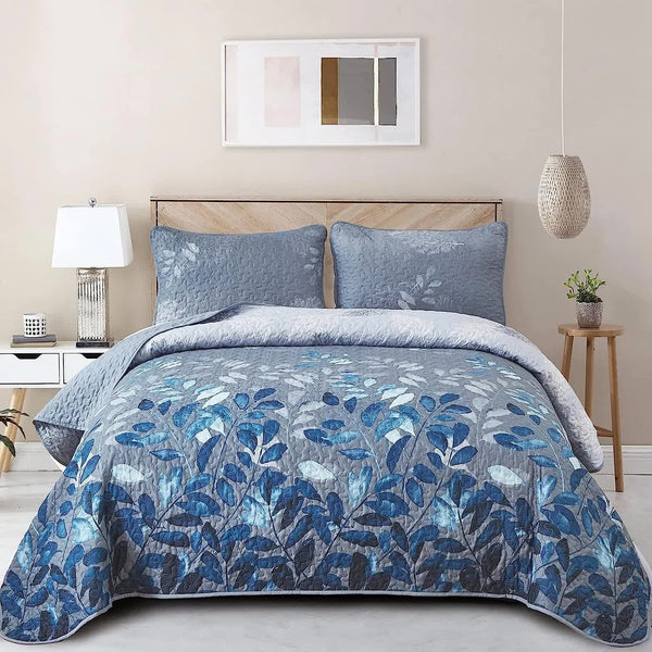 Blue Garden Coverlet Set With Quilted Floral Pattern And Pillowcases Other Bedding