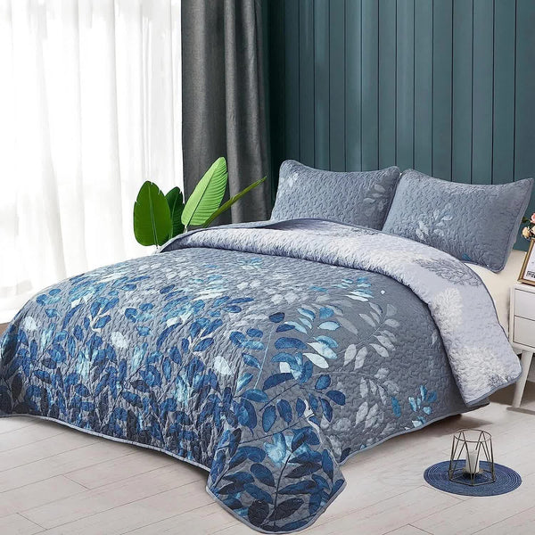 Blue Garden Coverlet Set With Quilted Floral Pattern And Pillowcases Other Bedding