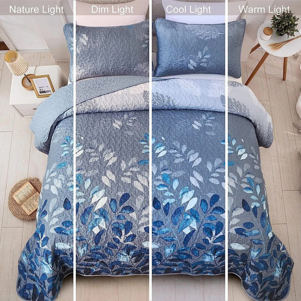 Blue Garden Coverlet Set With Quilted Floral Pattern And Pillowcases Other Bedding